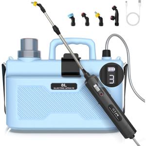 Battery Powered Sprayer 2 Gallon, Electric Weed Sprayer with Battery Indicator, 3 Adjustable Spray Pressure, Telescopic Wand with 4 Mist Nozzles, Rechargeable Handle for Garden, Lawn, Yard