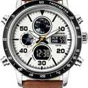 PINDOWS Watch for Men, Waterproof Big Dial Analog Digital Sport Multifunction LED Backlight Fashion Wristwatches, Alarm Stopwatch Calendar, Brown White