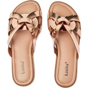 Luoika Women's Wide Width Flat Slides Sandals, Slip on Slide Sandal Casual Comfortable Summer Beach Shoes for Women. (7 X-Wide, Gold 902)