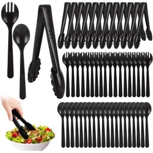 48 PCS Disposable Serving Utensils, Plastic Serving Spoons, Forks, and Tongs, Black Serving Utensils Set for Party, Buffet Serving Utensils for Restaurant, Dinner, Salad, Noodles, Soup