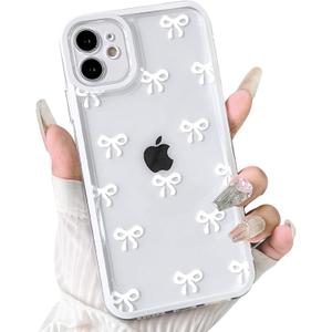 NITITOP Compatible with iPhone 12 Case Cute Clear Durable Ribbon Bowknot Pattern for Girls Women Soft TPU Transparent Full Camera Lens Shockproof Protective Phone Cover - White