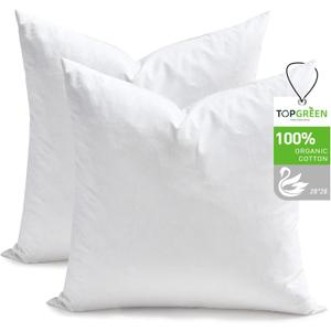 TOPGREEN Feathers Down Throw Pillow Inserts 28x28, Set of 2, 100% Organic Cotton Shell, Soft Decorative Euro Pillow Insert for Living Room Sofa, Couch, or Bed (White)