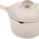 Larder & Vine Enameled Cast Iron Saucepan | 2.2 qt Sauce Pan with Lid | Saucepan with Pour Spouts | Enameled Cast Iron Pot Compatible on All Cooktops & Oven Safe to 500 F | Stone