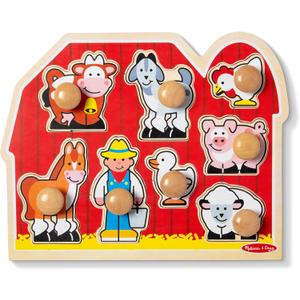 Melissa & Doug Farm Animals Jumbo Knob Puzzle, Wooden Peg Puzzle for Toddlers, Educational Toy for Shape Recognition and Fine Motor Skills, Ages 1+, Bent/Ripped Corner