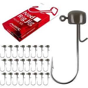 MadBite by KastKing Ned Rig Jig Heads for Soft Fishing Lures, 24-Pack Finesse Standard Mushroom Stand-up Ned Heads Kit, Needle Point Saltwater & Freshwater Versatility Ned Rig Hooks 1/8, 1/16, 3/16 oz (Green Pumpkin)