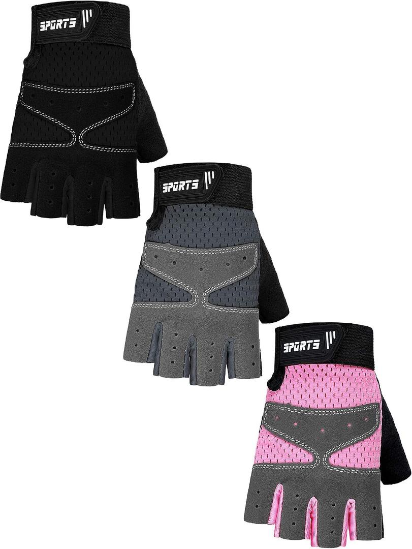 SATINIOR 3 Pairs Kids Half Finger Gloves Kids Bike Gloves Non Slip Gel Biking Adjustable Gymnastics Glove for Girls Boys(Normal Style,7-13 Years)