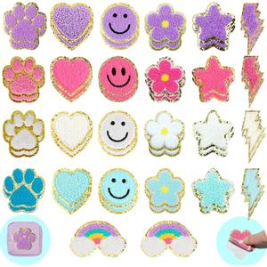 50 Pcs Self Adhesive Chenille Patches for DIY Clothing, Paw Print Smile Face Heart Sew on Sticker for Clothing Fabric Jackets Jeans Repair