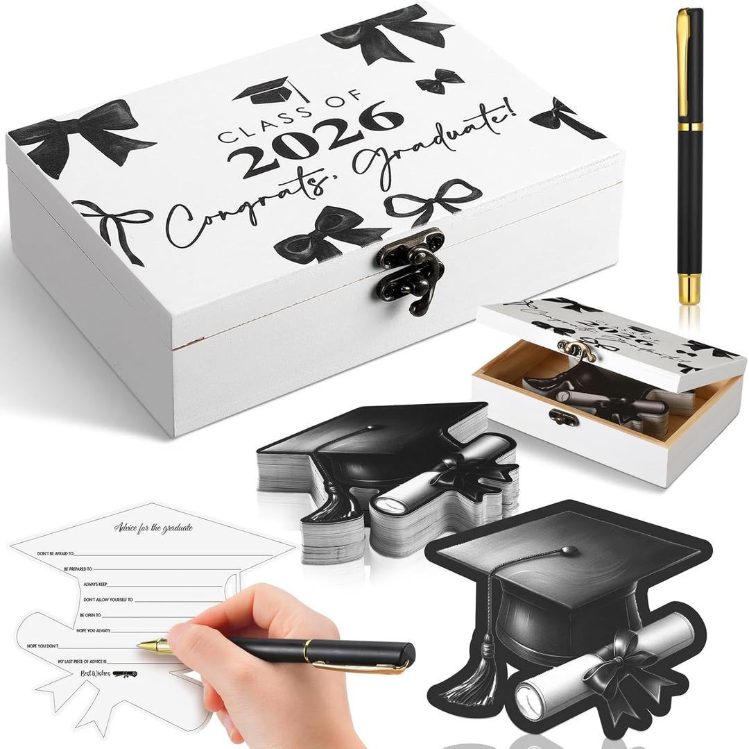 Resurhang 60 Pcs Bow Graduation Wooden Card Box and Black and Gold Advice and Wishes Cards with Pen Class of 2026 Gifts for The Graduation Party Favors Going Away Party Decorations Supplies