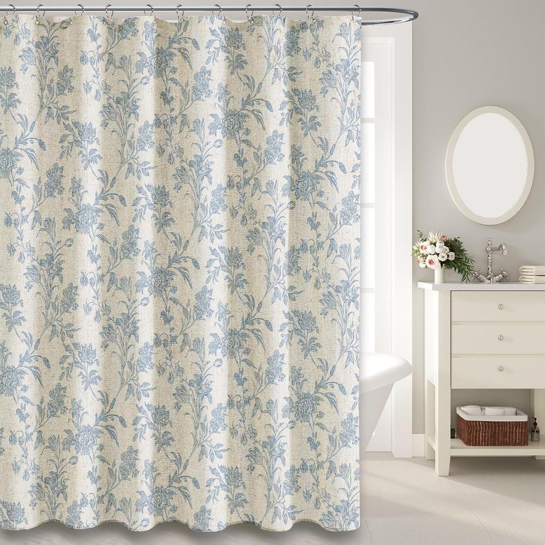 WOUVMA Blue Shower Curtain Floral Cotton Linen Cottagecore Shower Curtain for Bathroom 78" L x 72" W Long