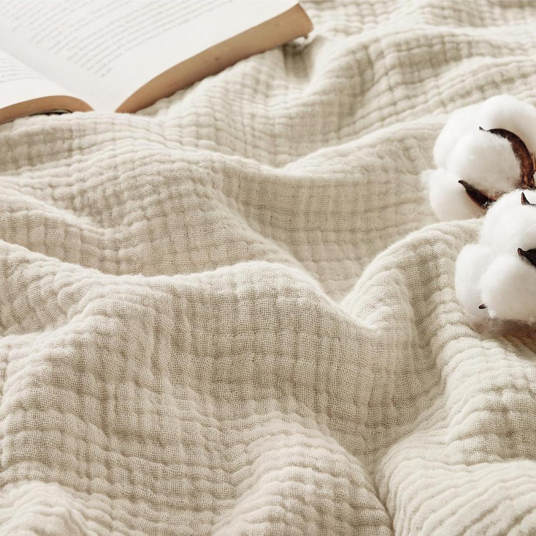 Bedsure 100% Cotton Muslin Throw Blanket Large 50x70 Inches - 4-Layer Breathable and Lightweight Thin Soft Summer Gauze Muslin Blanket for Adults, Beige (Throw XL (50" x 70"), 01 - Beige)