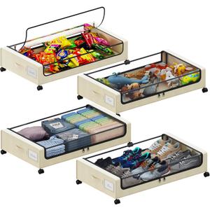 Under Bed Storage with Wheels, XXL 60L Under the Bed Storage Bins, Underbed Storage Containers with Lids & Label, Rolling Metal Drawer for Shoes, Clothes, Books, Toys (4-Pack Beige)