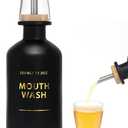 Mouthwash Dispenser for Bathroom 11.8oz  Glass Mouthwash Bottle with Cup & Bamboo Tray, Gold Hot-Stamped Lettering, Silicone Base, Modern Bathroom Accessory (Black)