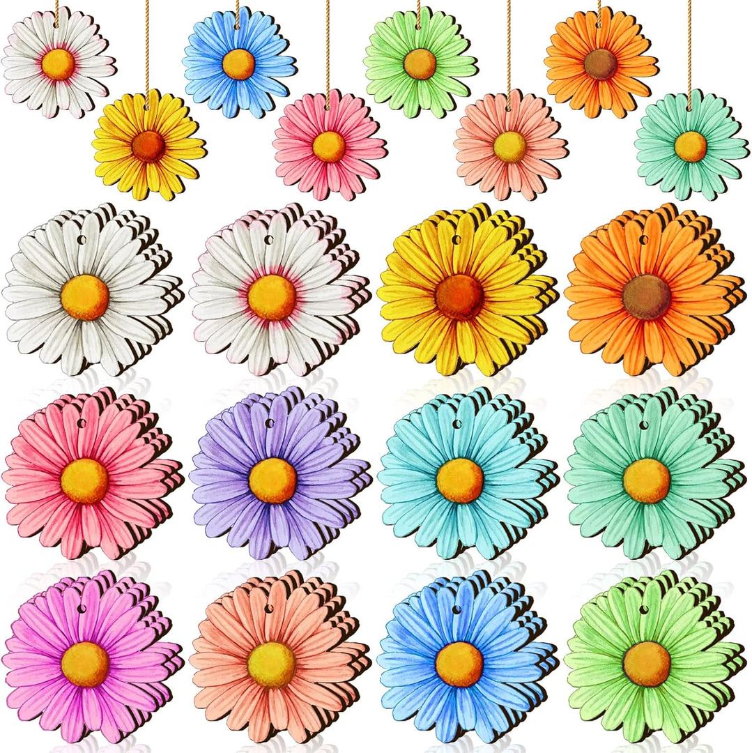 Maitys 36 Pcs Spring Flower Ornaments for Tree Hawaiian Wooden Flower Decorate Wooden Hibiscus Daisy Hanging Decor for Birthday Wedding Baby Shower Themed Summer Holiday Party Decoration (Daisy)