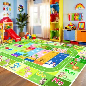 BATATADOCE Kids Rugs For Playroom - Educational Rug With ABC Alphabet, Animals Colors, ABC Rugs for Children Playroom Cartoon Kids Play Mat for Bedroom Decor, Green, 6x9 Feet