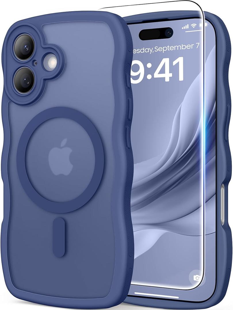 3 in 1 Magnetic for iPhone 17 Case, Cute Wavy [Full Camera Protection] [Fit for MagSafe] 1X Screen Protector+1X Wrist Strap, Anti-Slip Trendy Women Girly Phone Case for iPhone 17 6.3", Deep Blue