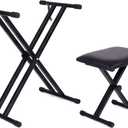 Keyboard Piano Stand and Bench Set with Piano Stickers | 7-Level Height Adjustable, Lockable Safety Straps, Foldable & Portable, Fits 61 76 88 Keyboards, Sturdy Bench Chair Included