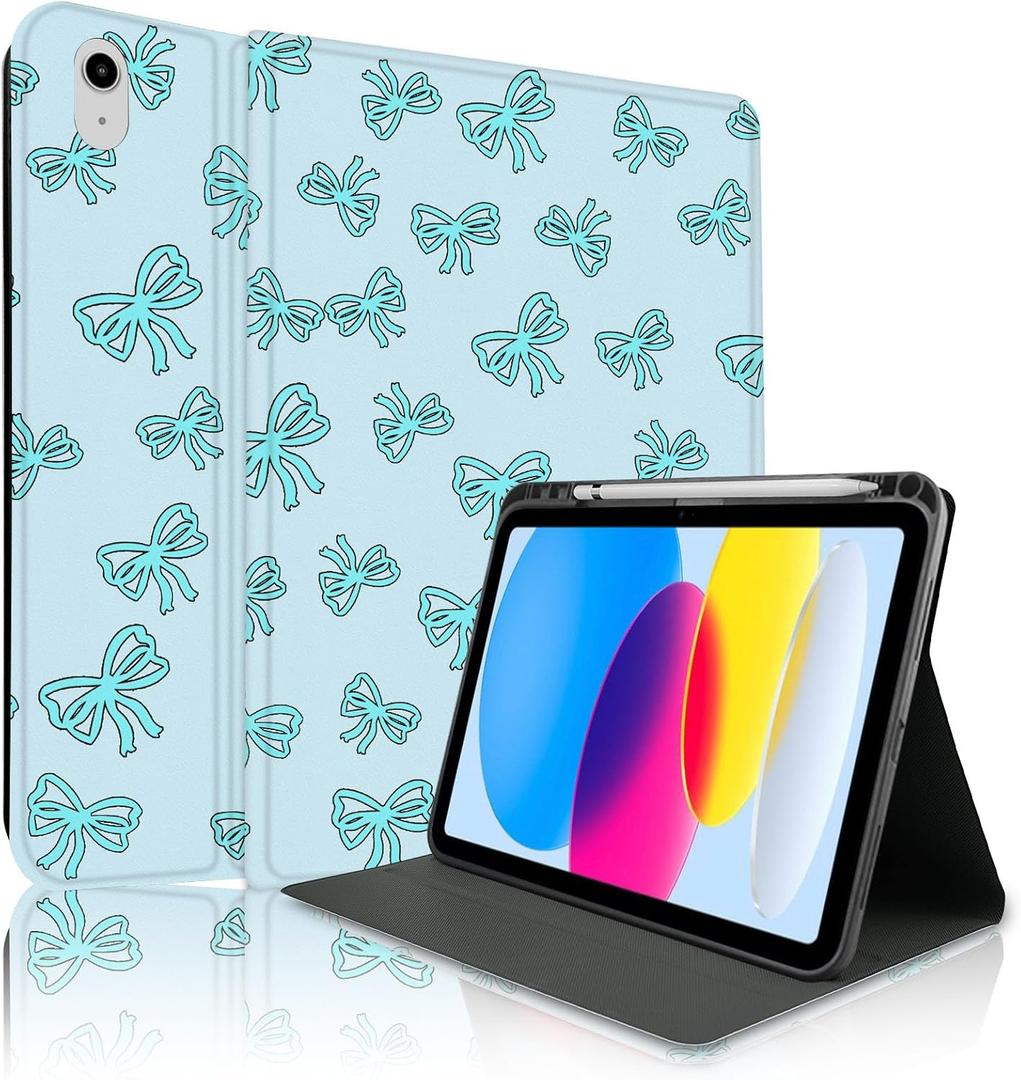 Case for iPad 11th (A16) 11-inch 2025 / 10th Generation 10.9-inch 2022, Blue Bow Cute Chic Aesthetics with Pencil Holder for Kids, Boys, Girls, Anti-Slip, Anti-Shock, Light Blue-Blue Bow