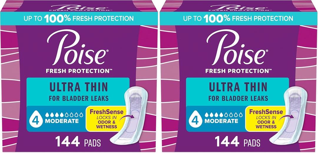 Poise Ultra Thin Incontinence Pads & Postpartum Pads for Bladder Leaks, 4 Drop Moderate Absorbency, Regular Length, 144 Count (Pack of 2)
