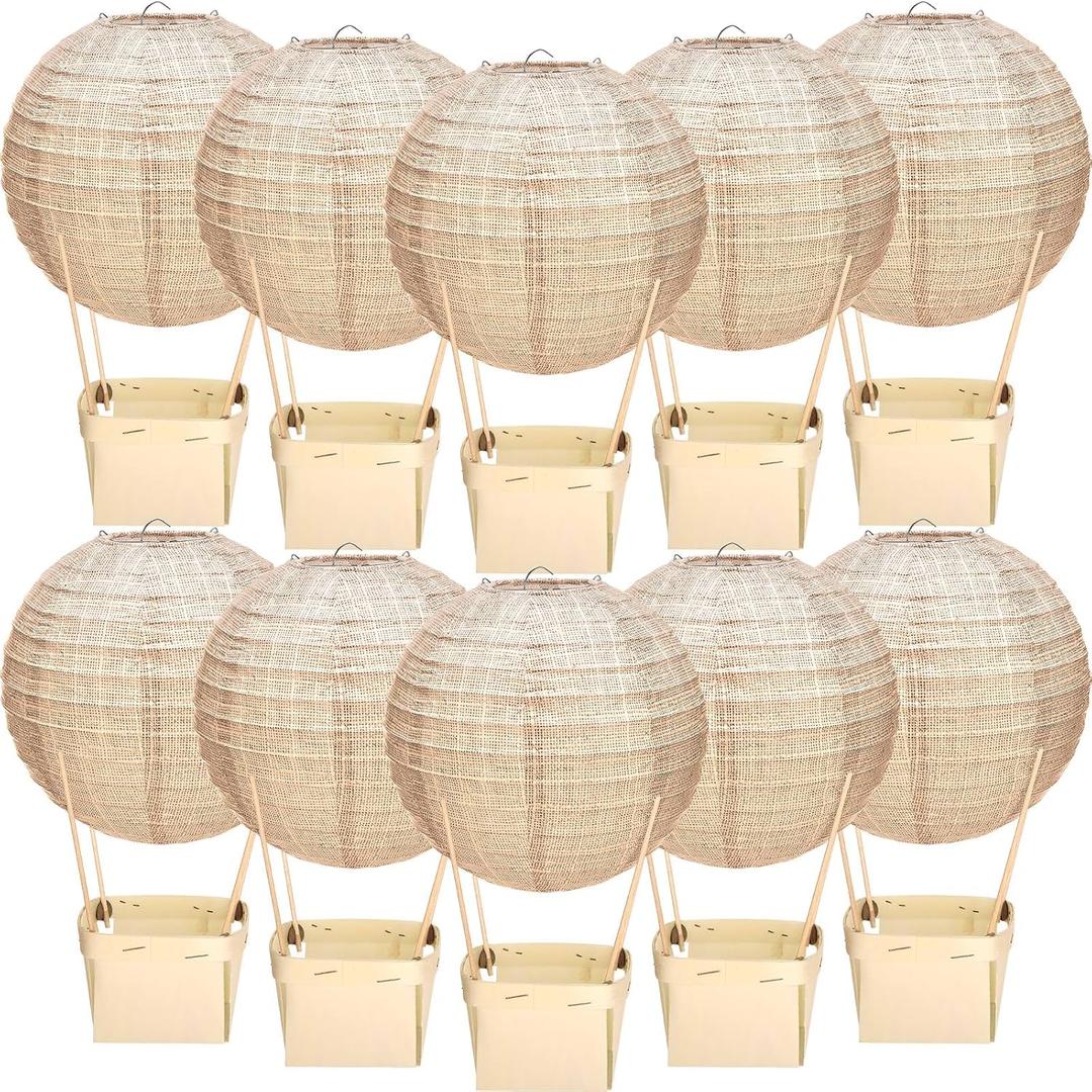 12 Sets Print Burlap Baby Shower Decorations Hot Air Balloon Table Centerpieces DIY Boho Paper Lanterns Farmhouse Rustic Neutral Chinese for Wedding Birthday Party Classroom Decor