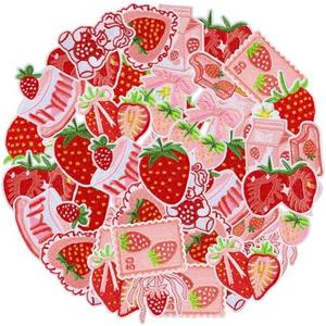 Suncalla 48 Pcs Strawberry Iron on Patches Cute Strawberry Fruit Cake Bow Patches Pink Red Coquette Aesthetic DIY Sew on Repair Decals Stickers Embroidered Applique for Clothes Hats Jeans T-Shirts