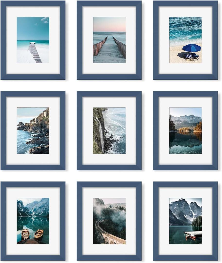 YESKAY 8x10 Picture Frame Set of 9, Display Pictures 5x7 with Mat or 8 x 10 Without Mat, Multi Photo Frames for Wall Mounting or Table Top Display, Blue