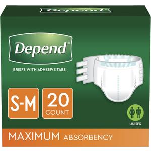 Depend Incontinence Protection with Tabs, Maximum Absorbency, S/M, 60 Count (3 Packs of 20)