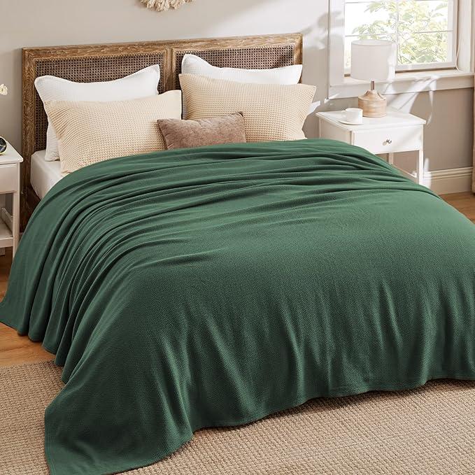 Bedsure 100% Cotton Blanket King Size for Bed - Breathable and Lightweight, Soft Cozy Textured Herringbone Woven Blanket for Summer, Dark Green, 108x90 inches