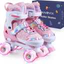 4 Sizes Adjustable Kids Roller Skates for Girls Boys Toddlers Youth Teens, 4Wheel Quad Skates with All Light Up Wheels, for Indoor Outdoor Sports (L(US 3-6/8.5-10.5 IN), Pink)