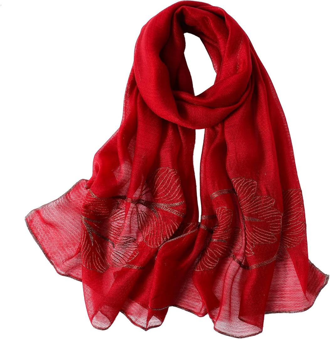 WINCESS.YU Silk Scarf for Women Lightweight Shawls and Wraps for Weddings Fashion Pashmina Shawl Embroidered Scarves (Leaf Embroidery Wine Red)