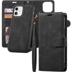 QLTYPRI Case for iPhone 12/12 Pro, 2 in 1 Detachable Wallet Case PU Leather with [Card Slots] [Kickstand][Wrist Strap][Magnetic Closure] Shockproof Flip Cover for iPhone 12/12 Pro (6.1 inch) - Black