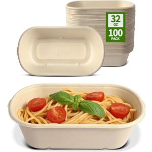 32 oz Paper Bowls 100 Pack for Sandwich Roll, Burrito, Salads, Pasta, Microwavable Meal Catering Disposable Bowls for Lunch To go, 100 Bowls Only, 9.05 x 5.1 x 2.36 inch