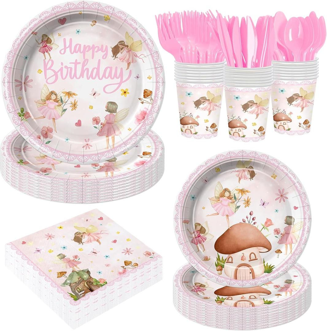 Fairy Birthday Party Supplies & Decorations Serve 24 Guests Pink Enchanted Fairy Theme Disposable Plates Napkins Dinnerware Set for Girls Birthday Garden Party