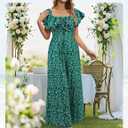 BeryLove Women Floral Casual Jumpsuit Summer Off The Shoulder Wide Leg Vacation Beach Jumpsuits with Pockets (Green, XL)