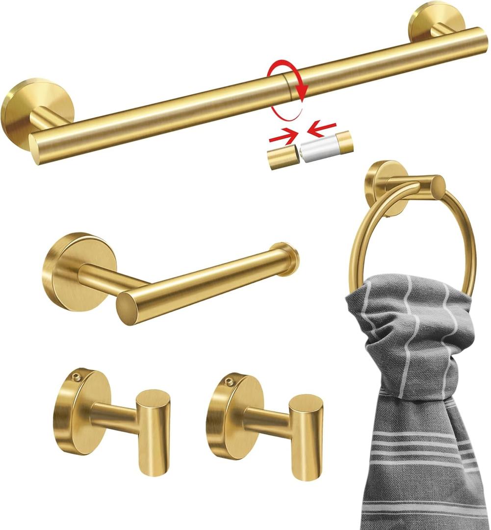 5PCS Brushed Gold Bathroom Accessories Set, Bathroom Hardware Set, Splicing 24 Inch Stainless Steel Bath Towel Bar Set, Gold Bathroom Accessories Wall Mounted 