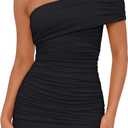 Trendy Queen Womens Off The Shoulder Mini Dresses Ruched Going Out Summer Bodycon Sexy Party Short Club Outfits 2026 (Black, S)