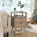 Rattan Nightstand with Charging Station,Modern Bedside Table with 2 Storage Drawer and Open Wood Shelf, for Bedroom and Small Spaces,Night Stand with Solid Wood Legs (Grey Oak)