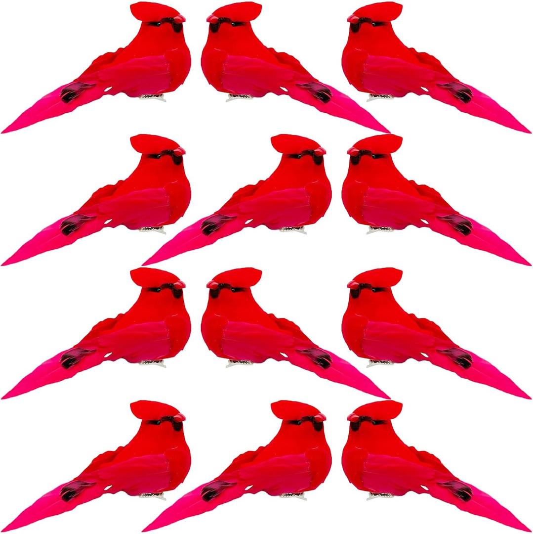 12pcs Red Cardinals Bird Decor Christmas Tree Ornaments 5.5Inch Clip on Fabric Feathered Artificial Birds for Xmas Party Decoration Wreath Crafts