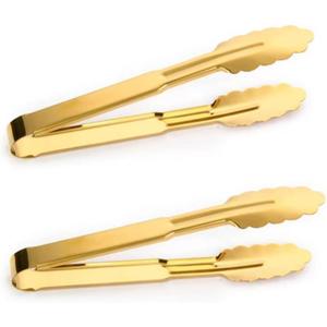 2-Pack 9 Inch Gold Serving Tongs Barbecue Food Tongs Buffet Tongs Non-slip & Easy Grip Stainless Steel Gold Kitchen Cooking Tongs, Salad, Bread, Ice, Frying,Grilling,Pastry,Oven