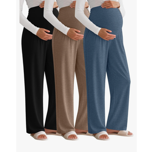 3 Pack Women's Maternity Pants Over The Belly Pregnancy Pants Stretchy Loose Wide Leg Lounge Pajama with Pockets, Size L