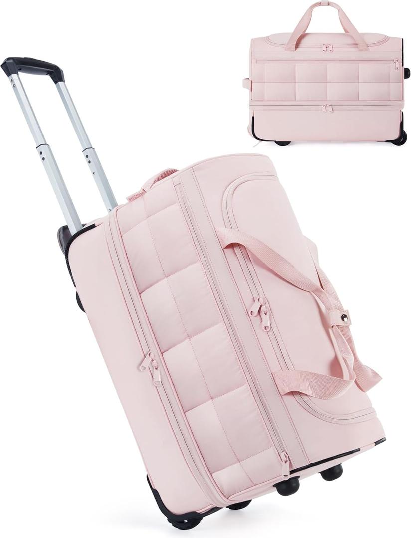 BAGSMART Rolling Duffle Bag with Wheels, Carry On Bag Duffel Bag for Travel, Wet Pocket Duffle with Wheels and Handle, Blush Pink, 40L