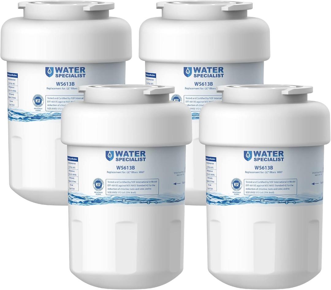 Waterspecialist WS613B Replacement for GE MWF, SmartWater MWFP, MWFA, GWF, HDX FMG-1, WFC1201, GSE25GSHECSS, RWF1060 Refrigerator Water Filter4 Filters