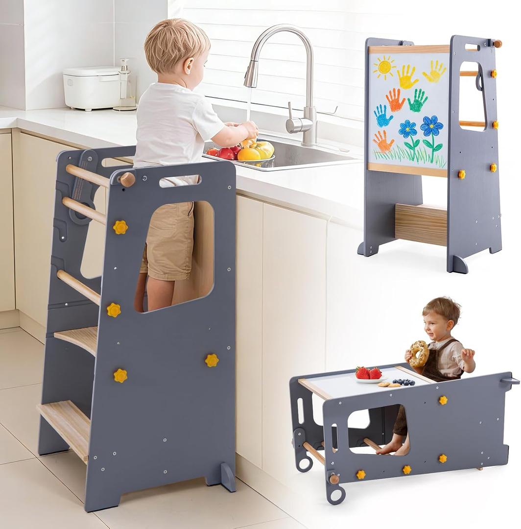 Toddler Standing Tower, Kitchen Stool Helper with Whiteboard, Adjustable Height Kids Toddler Step Stool with Anti-Slip Protection, Kids Step Stool with Safety Feet for Kitchen Bathroom