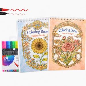 LOTWOW Adult Coloring Book Set of 2, 60 Nature & Healing Words Patterns | 24 Colors Non-Toxic Dual-Tip Brush Markers, Funny Stress Relief, Perfect Cancer Care, Get Well, Birthday Gifts for Women
