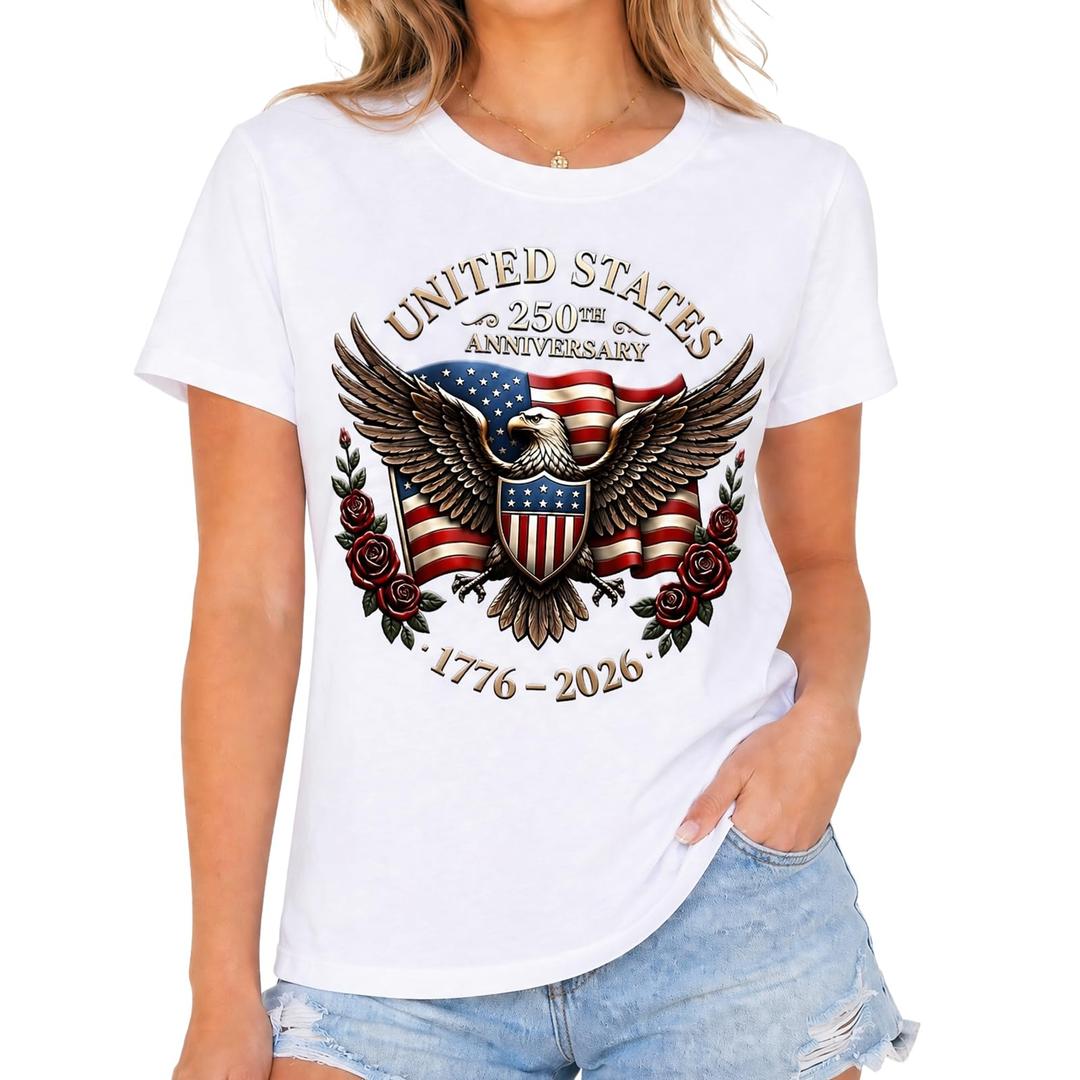 250 Anniversary USA T Shirt for Women, 4th of July Patriotic American Flag Eagle Graphic Tee, USA 250th Anniversary 1776-2026 Shirt, Short Sleeve Tops L (L)