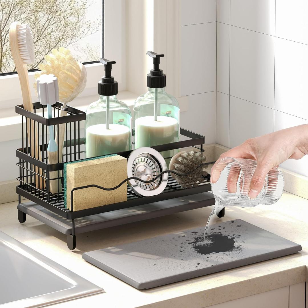 Sink Caddy, Kitchen Sink Organizer with Sponge Holder and Stone Drying Mat, Quick Drying, Stainless Steel Kitchen Caddy Organizer for Sponges, Brushes & Soap