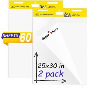 Sticky Easel Pad, Flip Chart Paper for Teachers 25 x 30 Inches, Super Sticky Bleed Resistant, Large White Premium Self Stick Easel Paper, 30 Sheets/Pad, 2 Pads