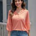 3/4 Length Sleeve Womens Tops Dressy Casual Blouses for Women 2025 Henley V Neck Shirts Loose Fit Tunic Tops (Pink, L)