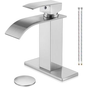 Herogo Brushed Nickel Waterfall Bathroom Faucet, Stainless Steel Vanity Sink Faucet Set with Pop-up Drain & Hooks, Single Handle 1 Hole or 3 Holes Deck Mount RV Lavatory Tap with 2 Water Hoses