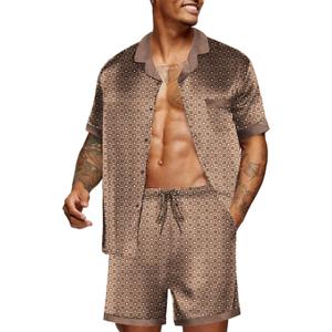 Ekouaer Men Satin Silk Pajamas Set with Pockets Sleepwear Shorts Satin Summer Loungewear 2 Piece Button Down Set S-3XL (Brown, L)