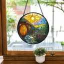 TNUW Cottagecore Mountain Flower Stained Glass Window Hanging, Fantasy Whimsical Cottage Sun Catchers Indoor Window Glass Round Wall Art Decor, Nature Sunset Wall Hanging Decorations, 7.9x7.9